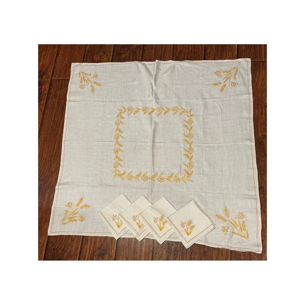 Vintage Linen Tablecloth & 4 Napkins Gold Floral Wheat Embroidered 37x38 Set 70s